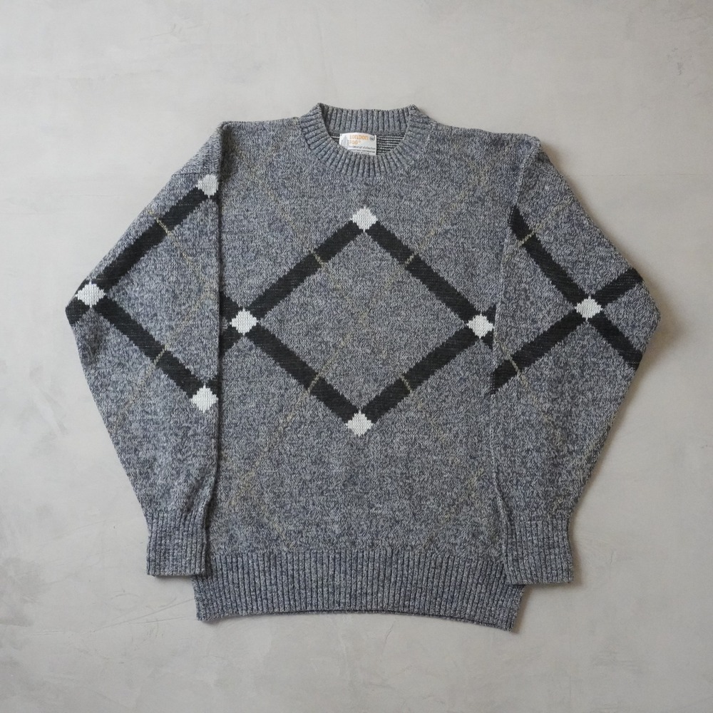 Vintage London Fog Argyle Sweater Medium Mens Grey Wool Blend Knit Made in USA